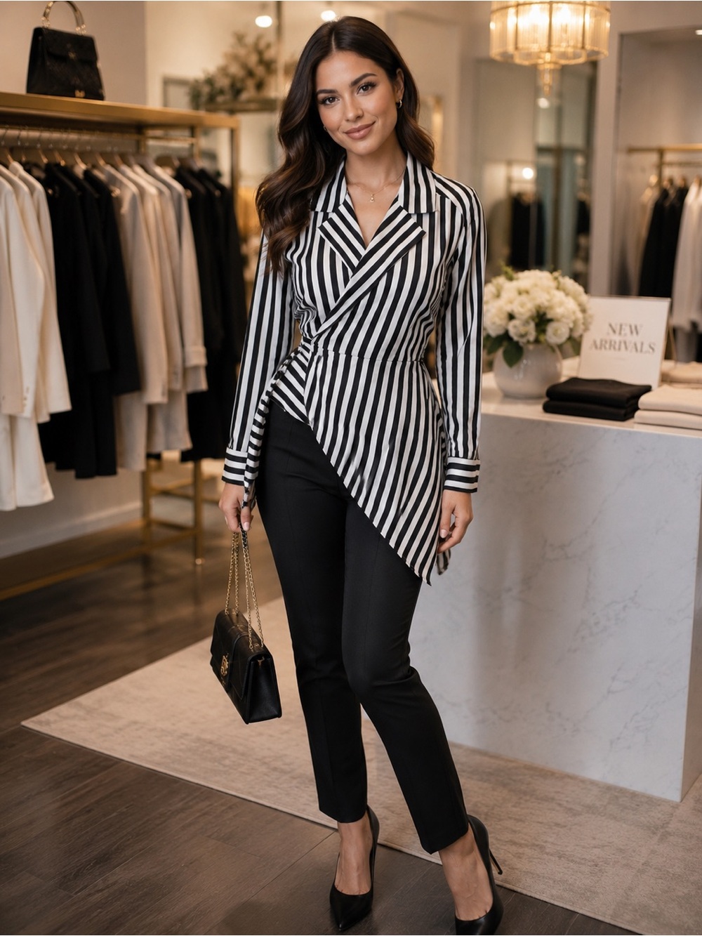 Black and White Striped Asymmetrical wrap around blouse